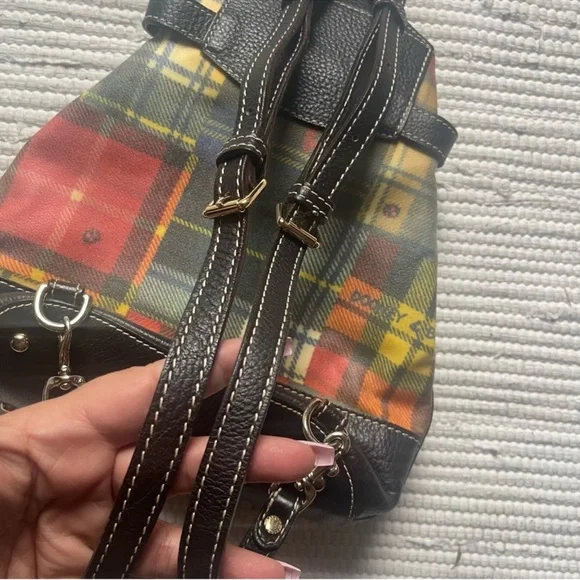 Vintage Dooney Bourke Plaid Bucket Bag Drawstring Equestrian Rare